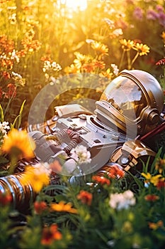 Astronaut lying in a flower field looking up at the sky photo