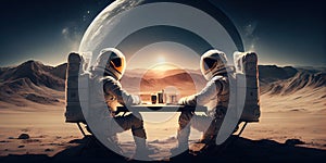 The astronaut making a deal with friend is a symbol of negotiation, friendship, and collaboration. This illustration represents