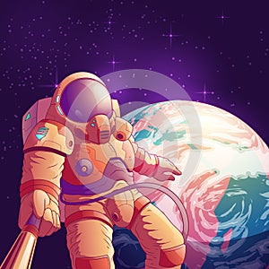Astronaut making selfie in outer space vector photo