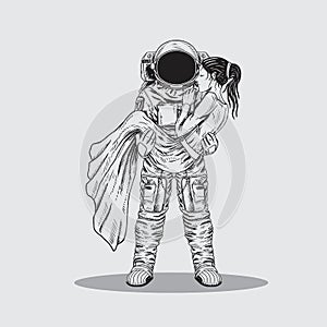 Astronaut man savior girl ilustration line art Premium Vector