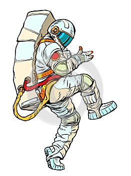 astronaut man in a spacesuit dances and rejoices, jump into the future. man in a funny pose