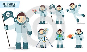 Astronaut man vector character set holding space flag, rocket, telescope and happy exploring planet