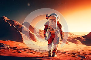 Astronaut on the mars or extraterrestrial planet. Alone and watching the night space sky. Generative ai illustration