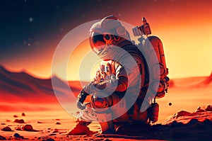 Astronaut on the mars or extraterrestrial planet. Alone and watching the night space sky. Generative ai illustration