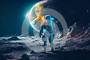 Astronaut on the mars or extraterrestrial planet. Alone and watching the night space sky. Generative ai illustration