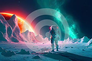 Astronaut on the mars or extraterrestrial planet. Alone and watching the night space sky. Generative ai illustration