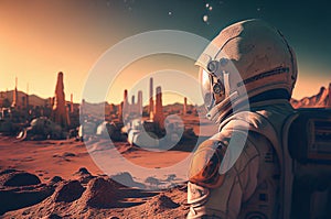 Astronaut on Mars returning to space research base futuristic 3D background