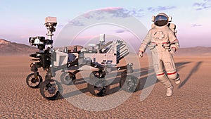 Astronaut with mars rover, cosmonaut jumping next to robotic space autonomous vehicle on a deserted planet, 3D render