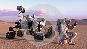 Astronaut with mars rover, cosmonaut kneeling next to robotic space autonomous vehicle on a deserted planet, 3D render