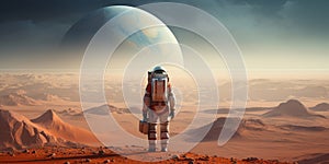 Astronaut or martian on planet Mars. Habitable world and colonization concept. Generative AI