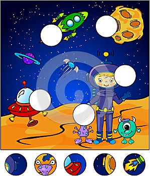 Astronaut, martians and rocket in the space. Complete the puzzle