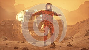 An astronaut meets the dawn on an alien desert planet. The man was created using 3D computer graphics. 3D rendering