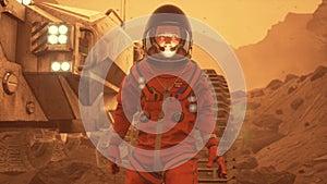 An astronaut meets the dawn on an alien desert planet. The man was created using 3D computer graphics. 3D rendering