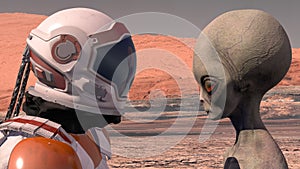 Astronaut meets a Martian on Mars. First contact. Alien on Mars. Exploring mission to mars. Colonization and space exploration