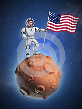 Astronaut on meteor holding the American flag