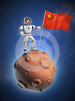 Astronaut on meteor holding the Chinese flag