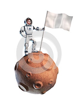 Astronaut on meteor holding a flag with copy space