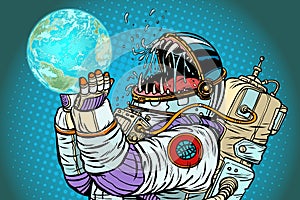 Astronaut monster earth planet. Greed and hunger of mankind conc