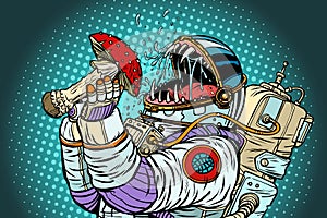 Astronaut monster eats Fly agaric. Greed and hunger of mankind c