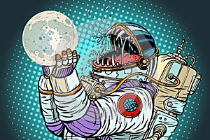 Astronaut monster eats Moon. Greed and hunger of mankind concept