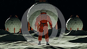 Astronaut Moon Base man on the Moon in an Orange Space Suit and White Helmet Standing Back View