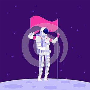 Astronaut on moon. Cosmonaut holging flag on lifeless planet in outer space. Astronautics vector background