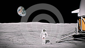 Astronaut on the moon near the lander salutes. 3D Rendering photo