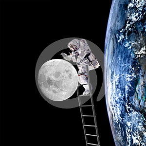 Astronaut on moon in outer space on ladder