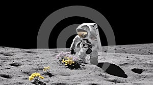 Astronaut neil armstrong on the white surface of the moon finds 1 colorful flower