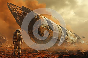 Astronaut observing crashed spaceship on mars during dust storm