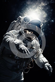 Astronaut in open space on orbit of Earth planet. Shadow of night and lights on planet. Earth and spaceman. Sun light on
