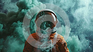 Astronaut in Orange Space Suit Exhaling Green Smoke photo