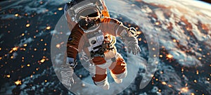 Astronaut in orange space suit performing spacewalk in open space. Planet Earth in the background.