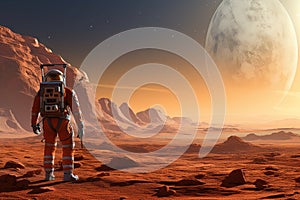 An astronaut in an orange space suit stands on a red planet, An astronaut exploring the surface of Mars, AI Generated