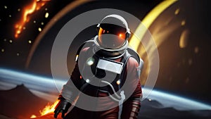 An astronaut in an orange spacesuit on an uncharted planet. Designed for fantasy, futuristic, scientific or space travel.
