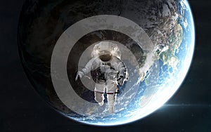 Astronaut orbiting planet Earth in outer space. Solar system. 3D render