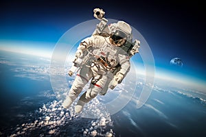 Astronauta nello spazio esterno, sullo sfondo del pianeta terra.