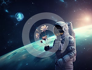 Astronaut in outer space with a bouquet of flowers.