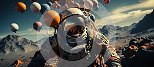 Astronaut in outer space with colorful balloons