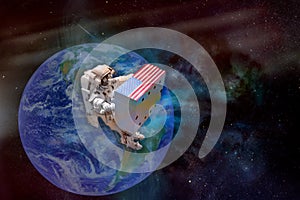 Astronaut in outer space holding a huge box with USA flag