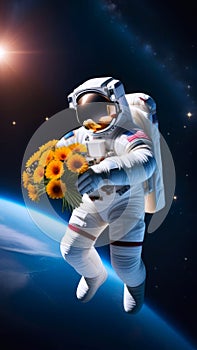 astronaut in outer space holding vibrant bouquet of flowers, Earth in background. Congratulations, gift, surprise