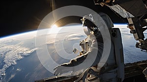 Astronaut in outer space over the planet Earth. Our home. ISS. ai generative,