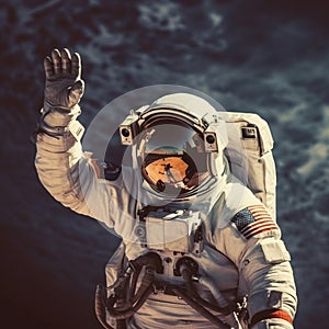 Astronaut in outer space waving his hand to the camera.