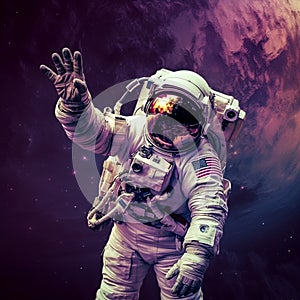 Astronaut in outer space waving his hand to the camera.