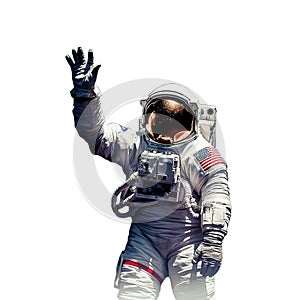 Astronaut in outer space waving his hand to the camera.