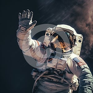 Astronaut in outer space waving his hand to the camera.