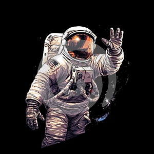 Astronaut in outer space waving his hand to the camera.