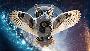 An astronaut owl soaring through the stars, its wings spread wide as it navigates the cosmos.