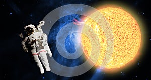 astronaut perform space mission in front of the sun, elements of this image furnished by nasa b