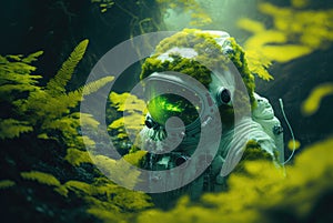 Astronaut on a planet with green rainforests. The spacesuit is overgrown with moss